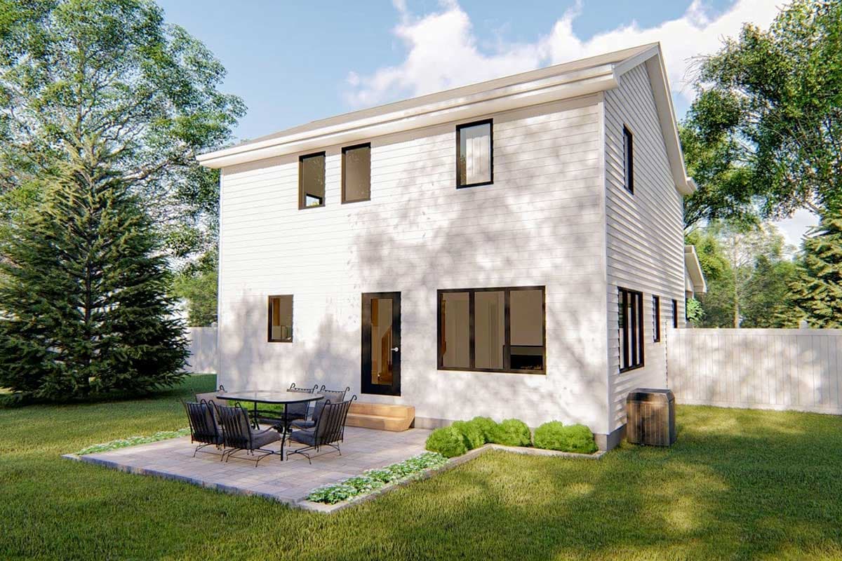 House plan exterior: Two-story modern home with horizontal siding, gable roof, and numerous rectangular windows.
