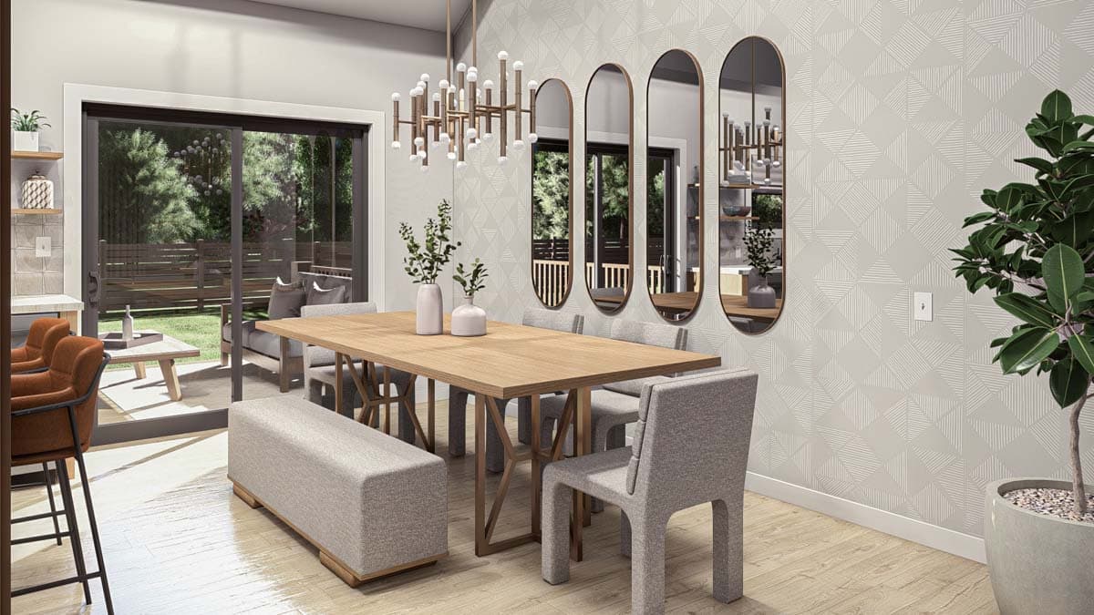 Dining area with wood table, upholstered bench, chairs, sliding glass doors to patio, and patterned wallpaper.
