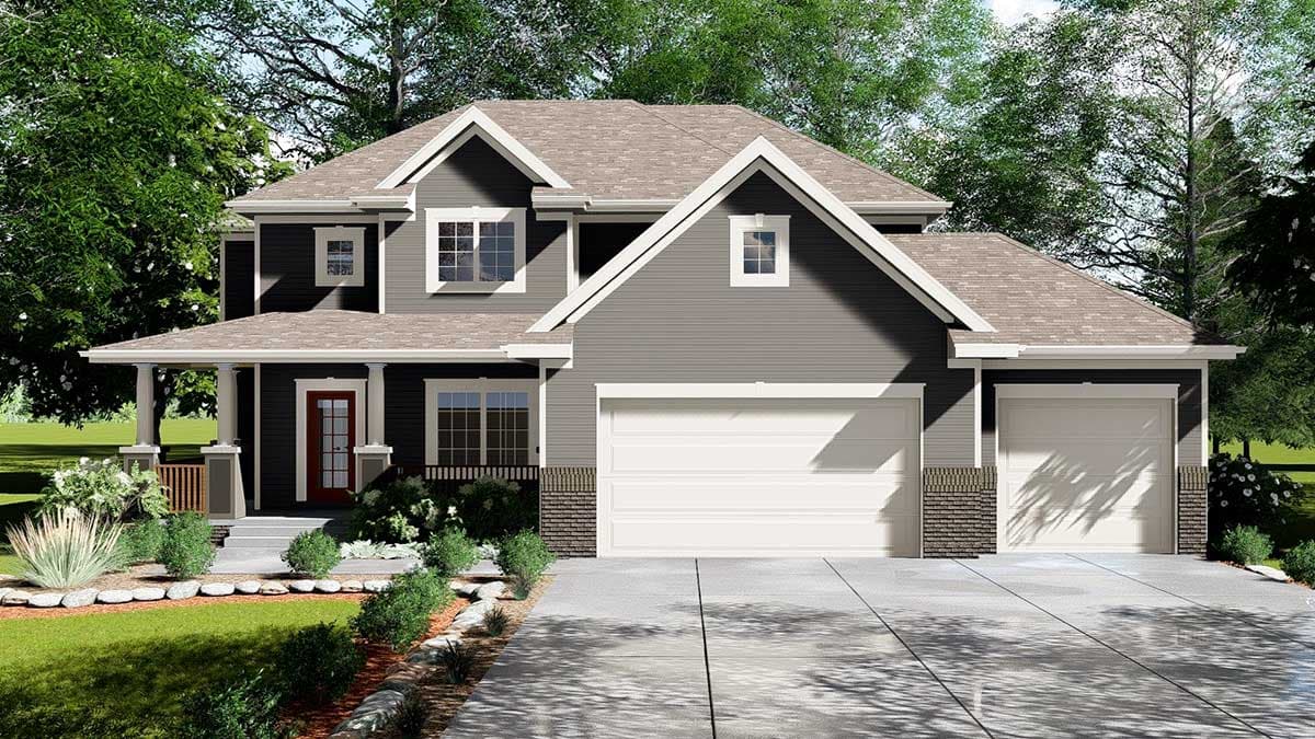 House plan exterior with a covered front porch, gabled rooflines, and a triple-car garage.