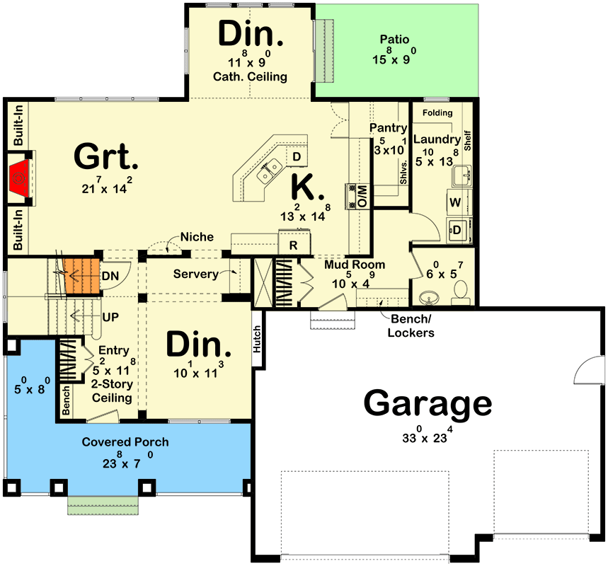 Plan 62626DJ: 4-Bedroom New Traditional House Plan with 4-Beds Upstairs - 2580 Sq Ft  - Floor Plan - Main Level - Country, New American, Traditional