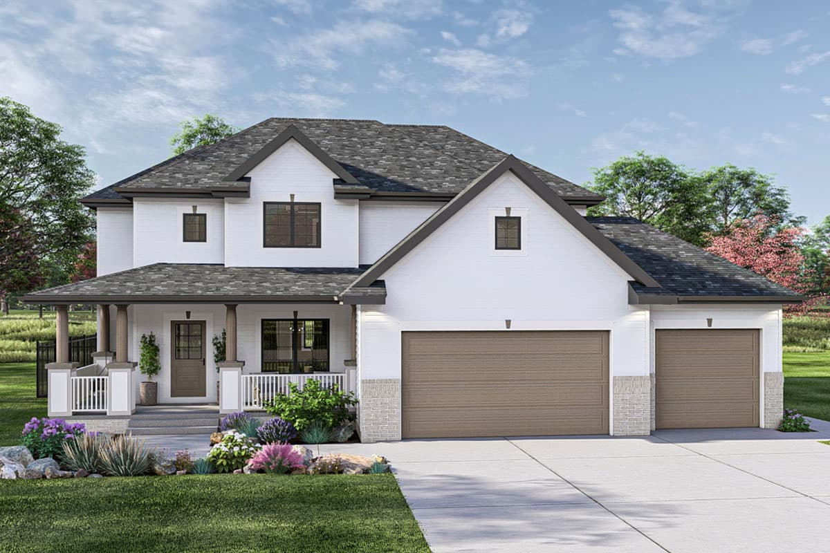 Two-story house plan exterior featuring a front porch with columns, gabled roof, and attached two-car garage.
