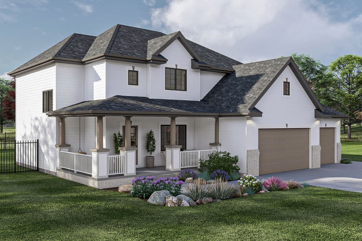 Two-story house plan exterior with wrap-around porch, gables, and a three-car garage.