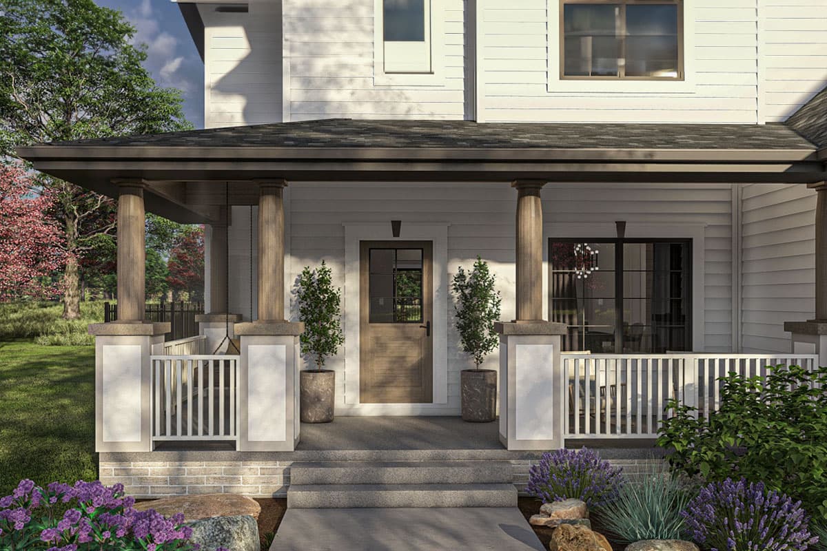 House plan exterior: Modern Farmhouse style with a covered porch supported by thick wooden columns, white railings, and a gable roof.