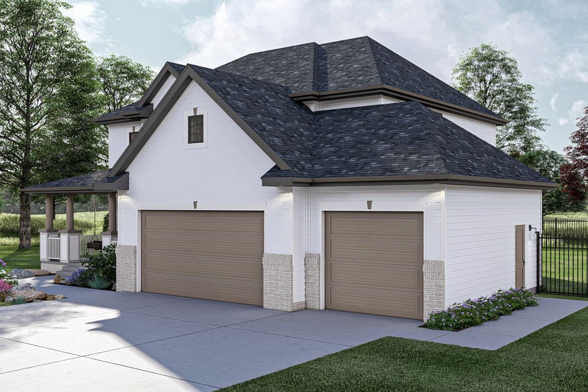 House plan exterior with a two-car garage, gabled roofline, and covered front porch with columns.