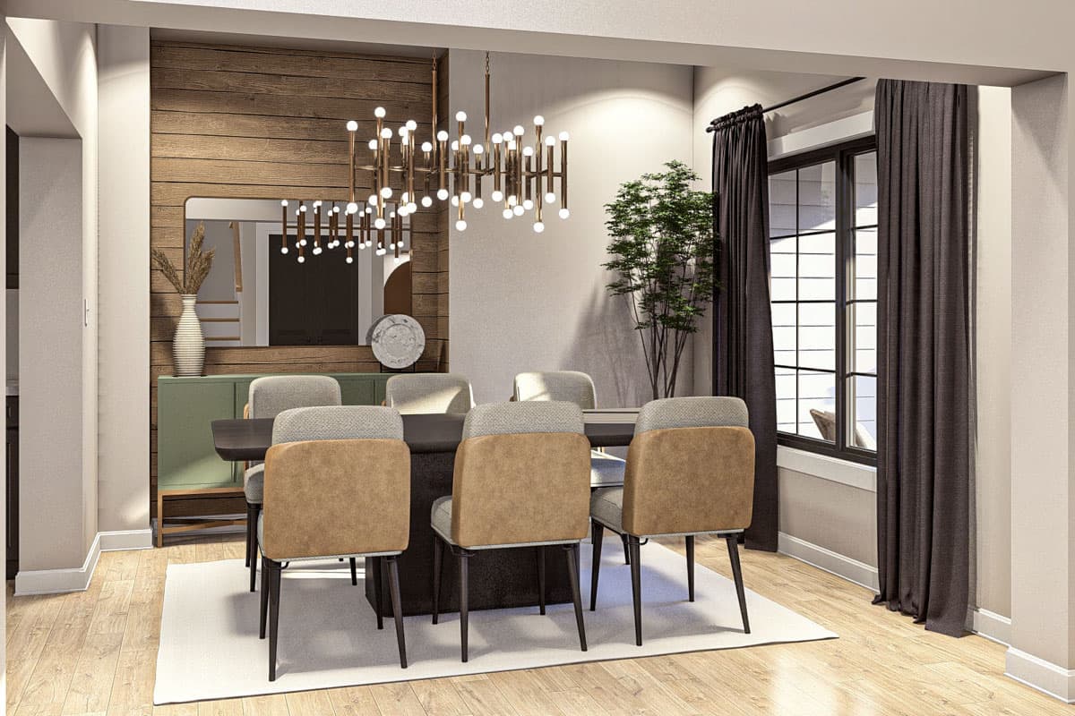 Dining room with wood plank accent wall, modern chandelier, and upholstered dining chairs around a dark table.