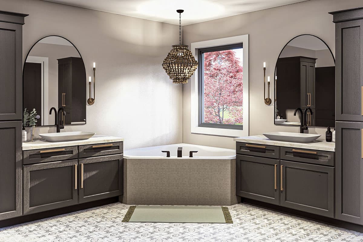 Bathroom interior rendering with corner tub, dual vanities, arched mirrors, and patterned floor.