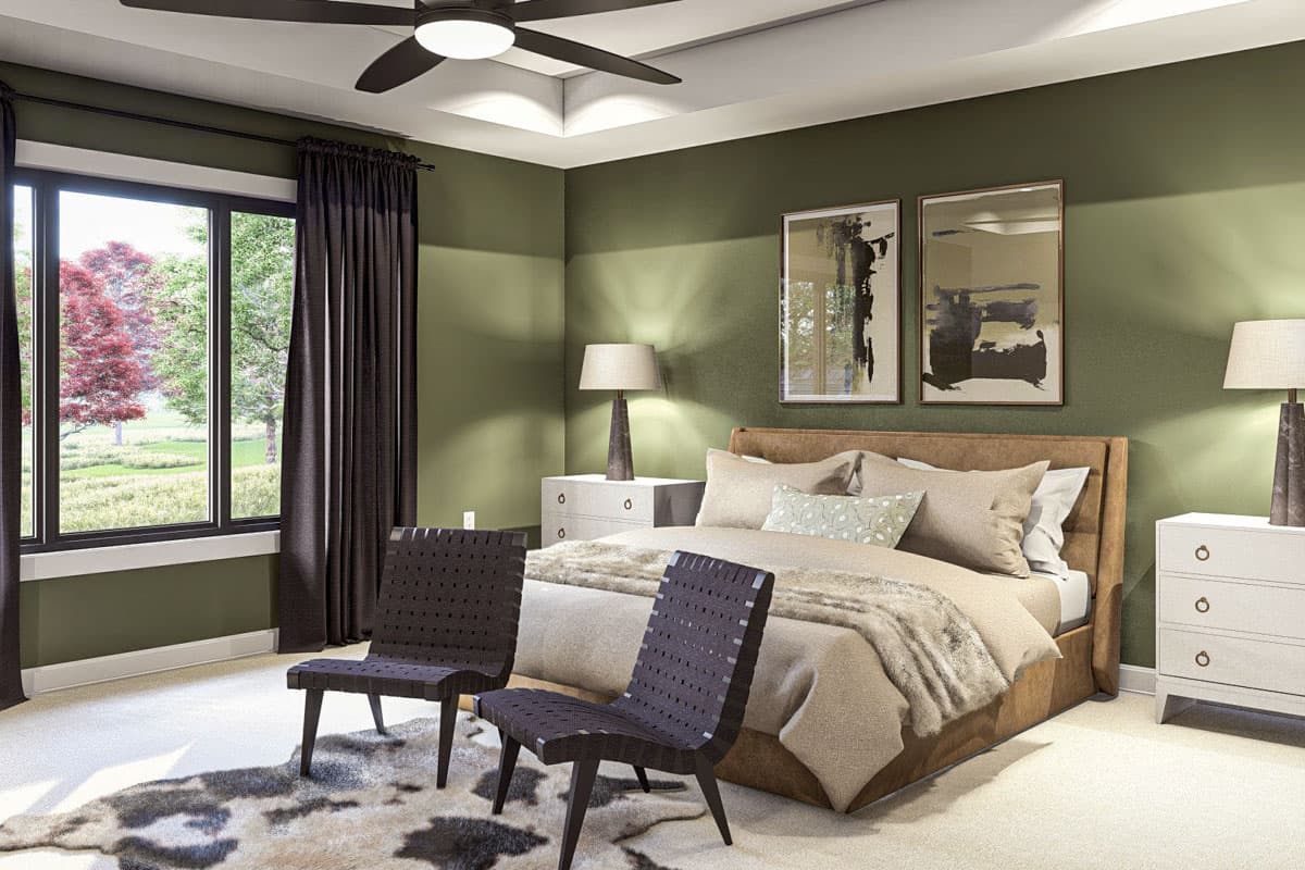 Bedroom rendering with large window, king bed, modern chairs, ceiling fan, and recessed lighting.