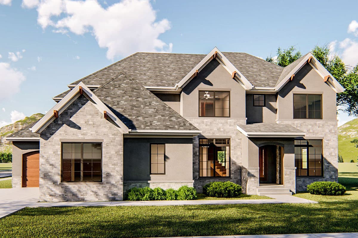 House plan exterior with stone and stucco facade, two stories, multiple gables, and a front entry porch. Garage is to the side.