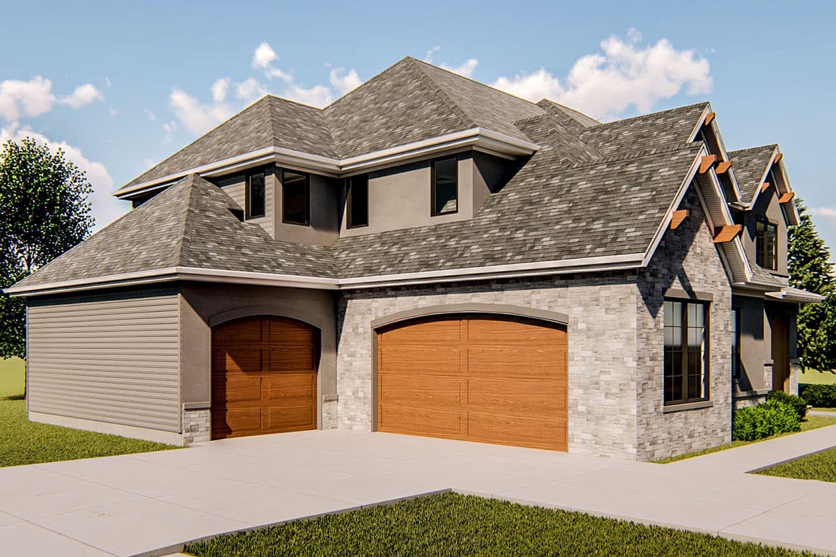 House plan exterior: Two-story home with stone and siding, two arched garages, and multiple gables.