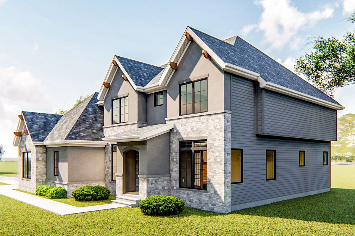 House plan exterior featuring gabled roofs, stone and siding facade, and multiple windows.