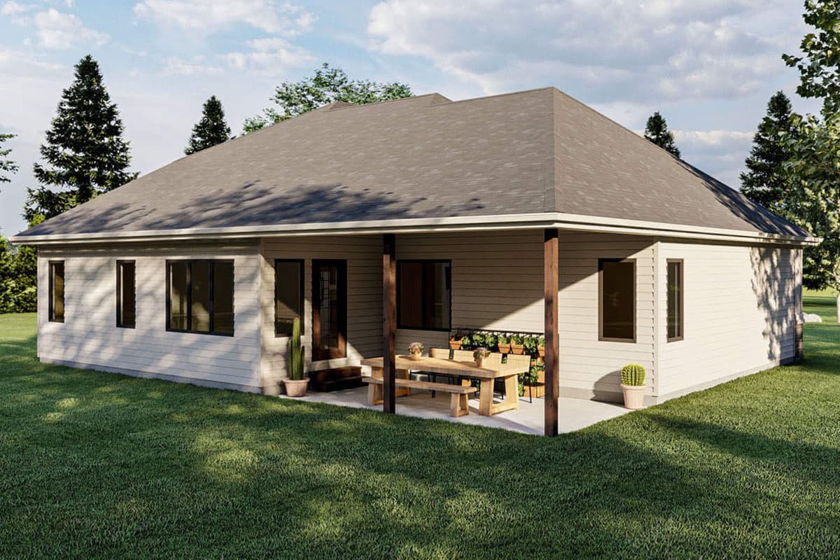 Ranch house plan exterior with covered patio, large windows, and siding.