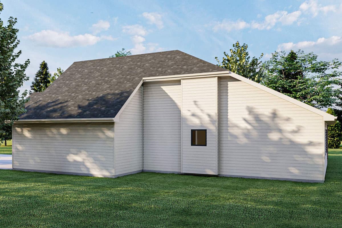 House plan exterior: Two-story modern home with gable roof, horizontal siding, and a single dark-framed window.