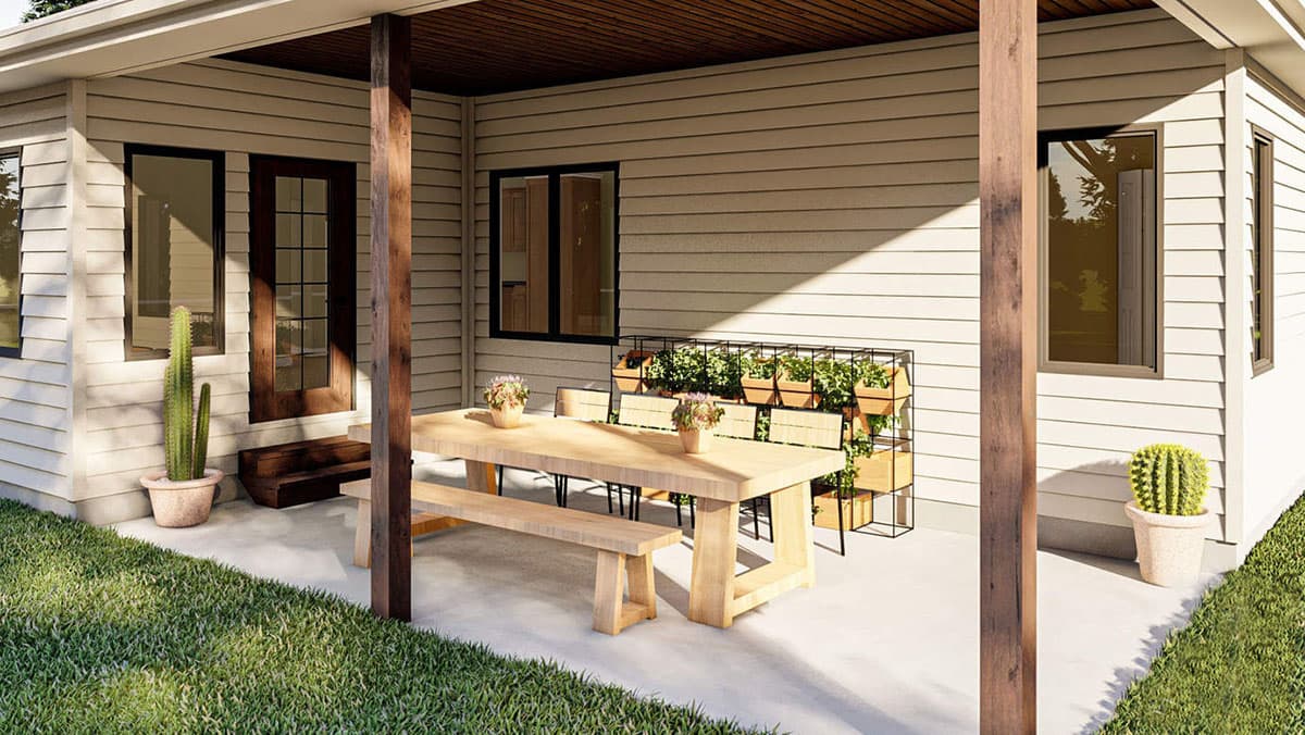 House plan exterior rendering of a covered patio with wood posts, dining set, and vertical garden.
