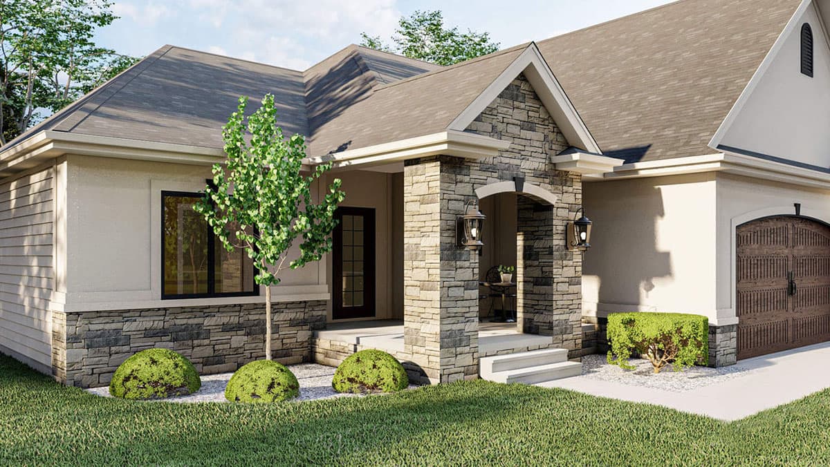 House plan exterior featuring stone facade accents, arched entryway with lanterns, pitched rooflines and a two-car garage.