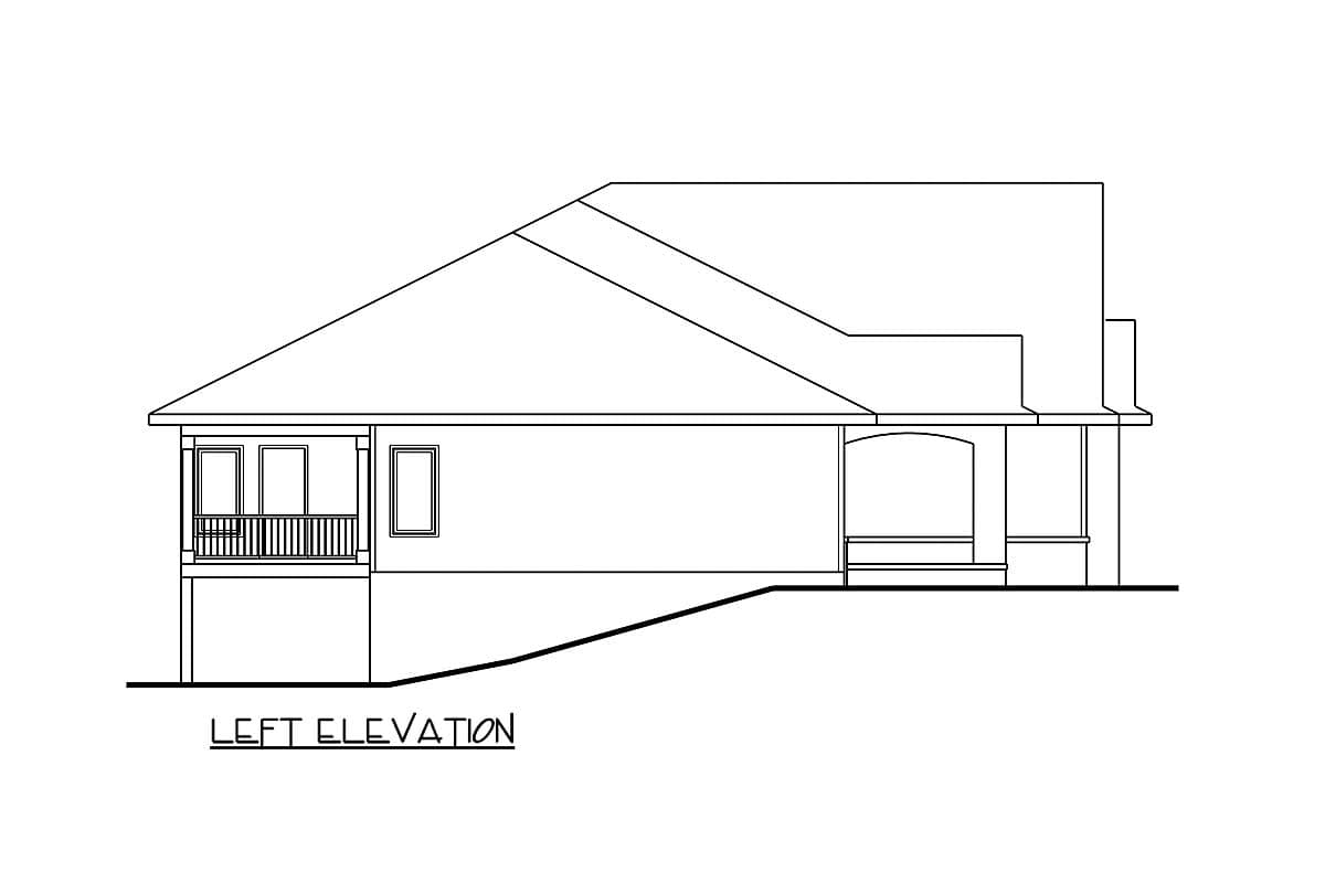 Left elevation of a house plan showing a gabled roof, covered porch with railing, and arched entryway.