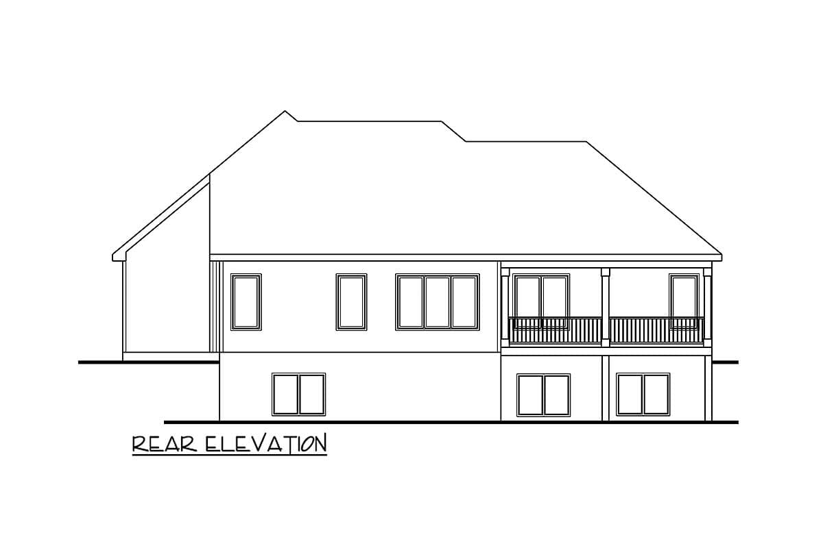 Rear elevation drawing of a house plan with a covered balcony, multiple windows, and a sloped roofline.