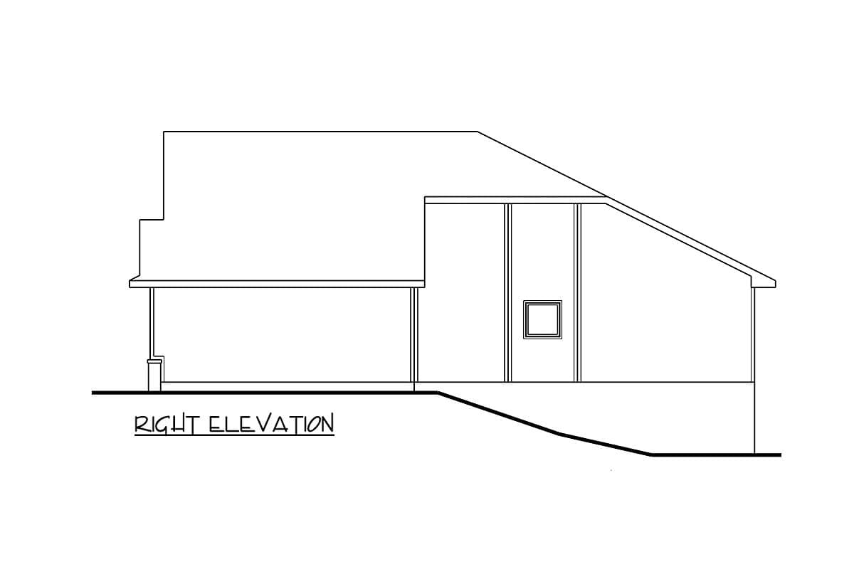 Right elevation drawing of a house plan featuring a covered porch and a sloping roofline with a small square window.