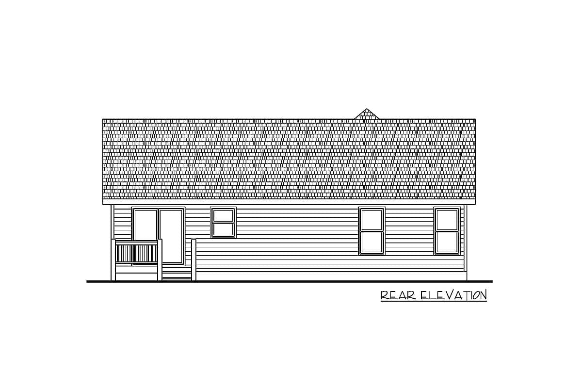Rear elevation drawing of a house plan featuring a gable roof, siding, a sliding glass door, and three windows.