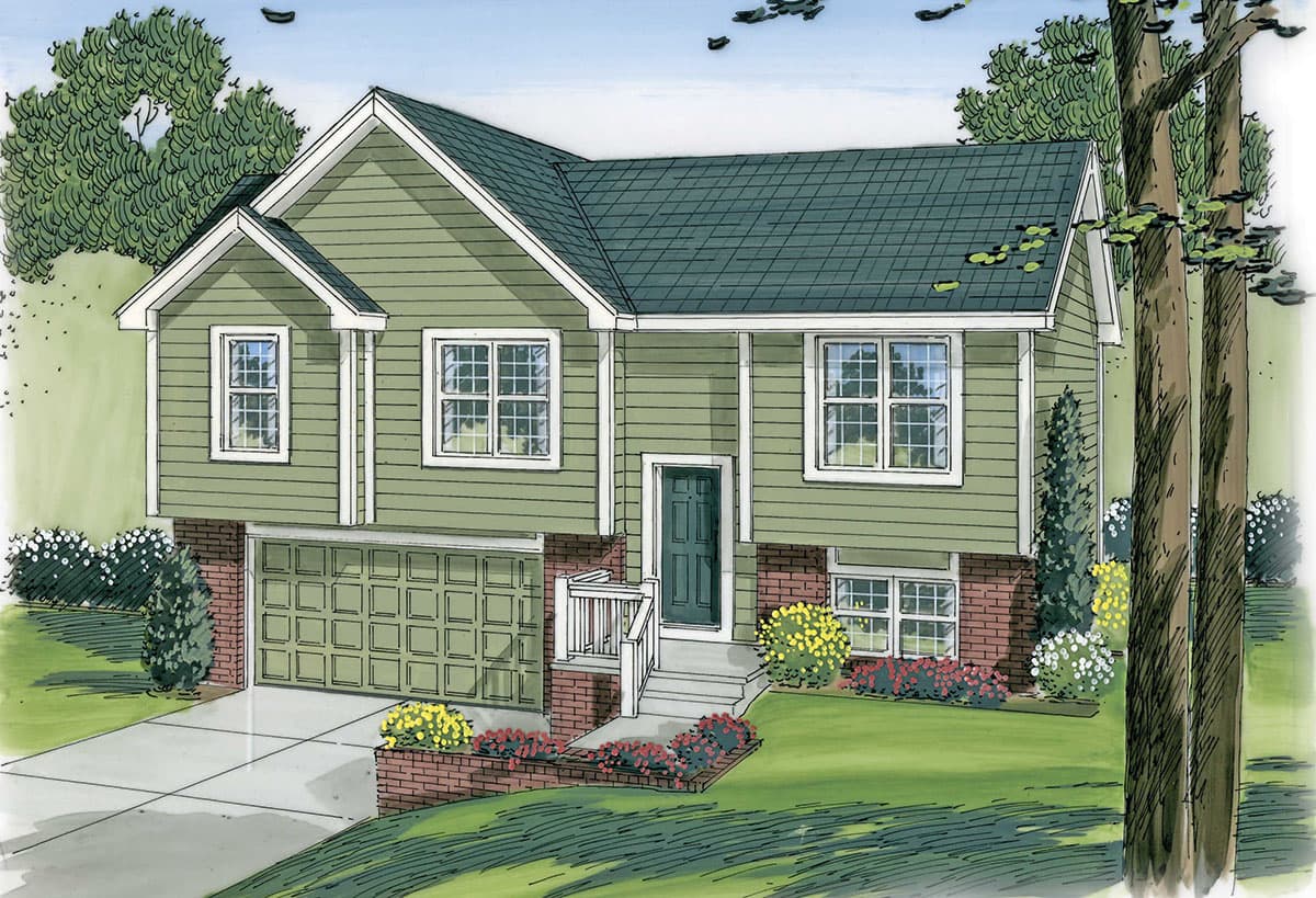 House plan exterior, two-story home with a side-entry garage, front porch, and prominent gables.