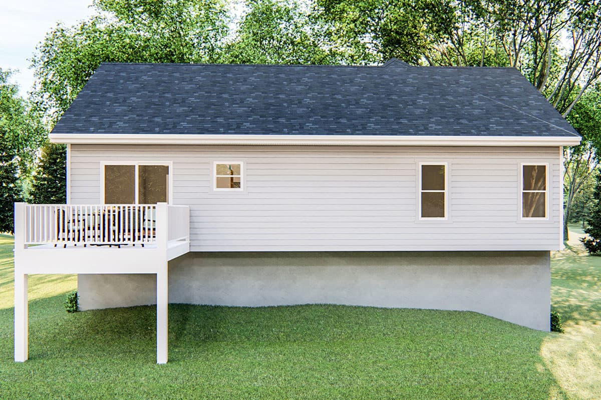 House plan exterior, side view. Single-story home with vinyl siding, asphalt shingle roof, and a white deck with railings.