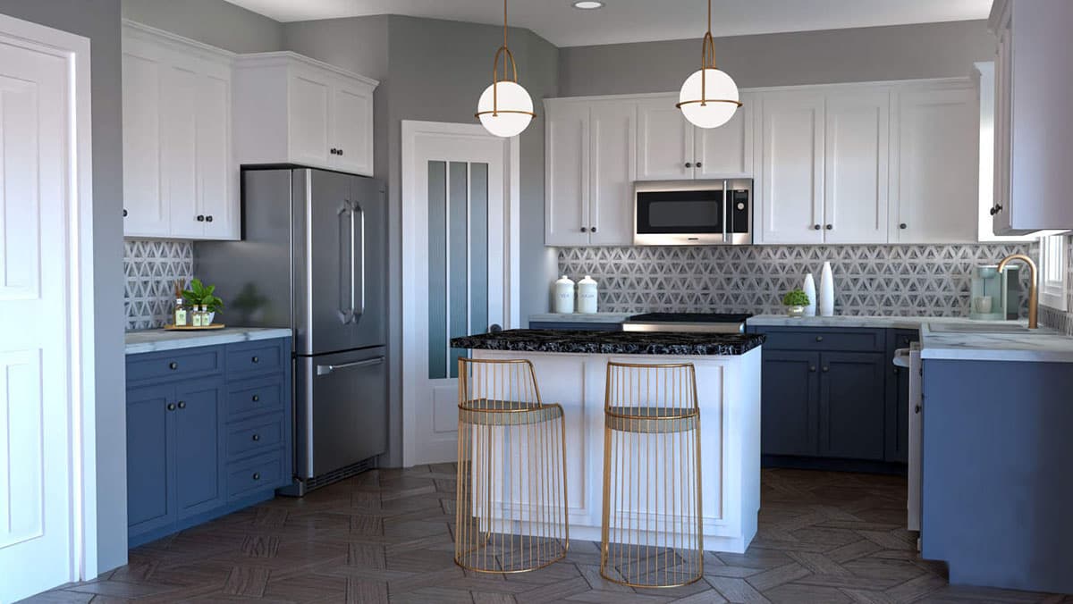 Modern kitchen with white upper cabinets, navy lower cabinets, island, stainless steel refrigerator, and tile backsplash.