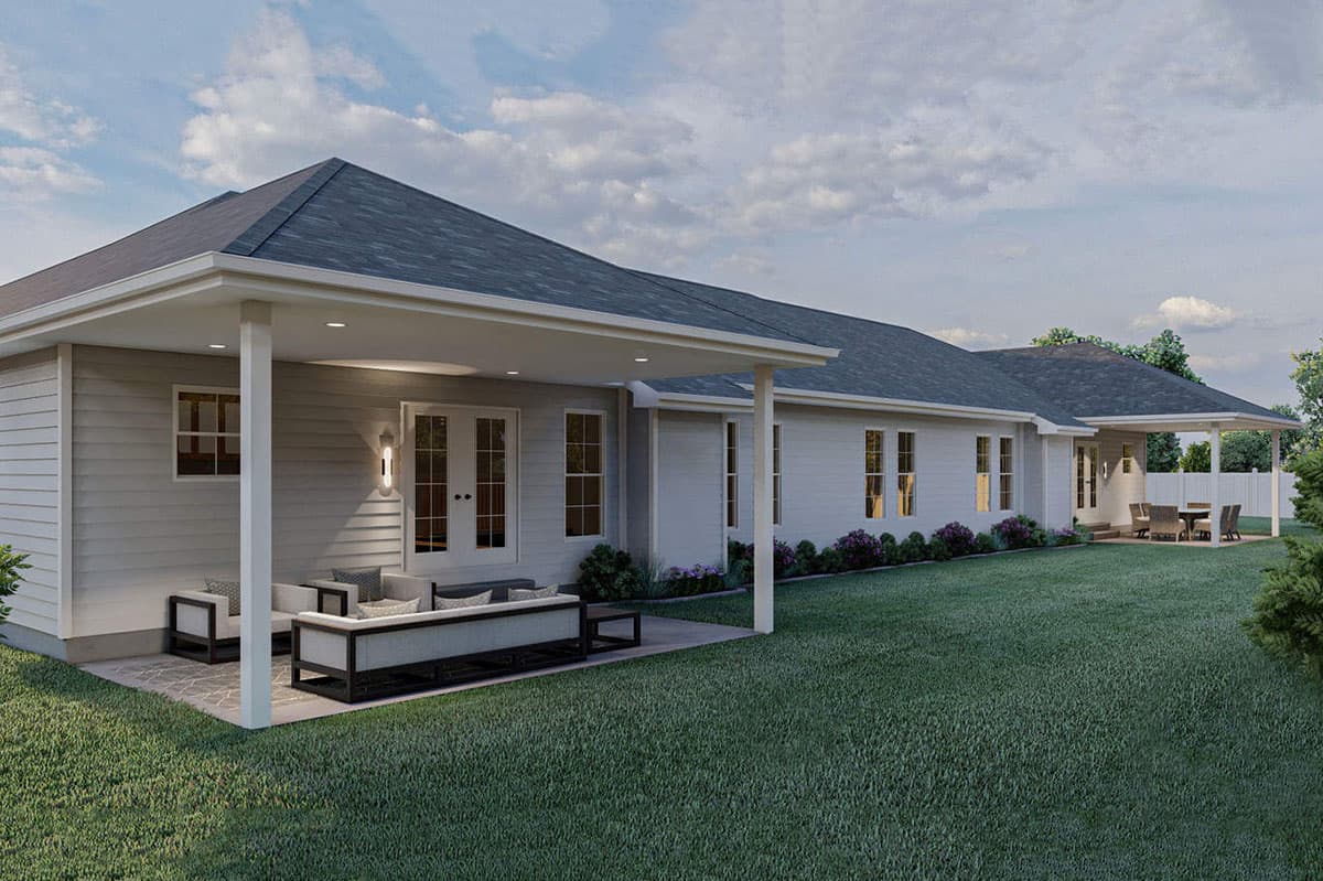 House plan exterior: Ranch style, single-story with a covered patio, dual French doors, and multiple windows.