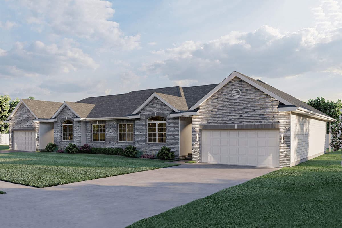 House plan exterior: single-story Modern Farmhouse with stone and shingle siding, arched windows, and a three-car garage.