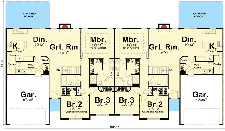 Plan 62633DJ: 3 Bed Duplex with Matching Units Under 1600 Square Feet and an Open Great Room - Floor Plan - Main Level - Ranch, Southern, Traditional