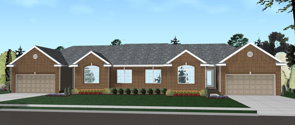 House plan exterior: single-story, brick facade, symmetrical design, two-car garages, and prominent gables.