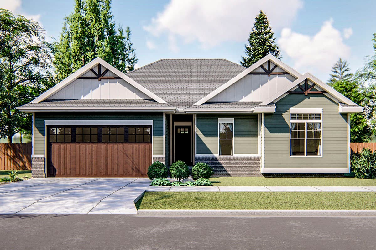 House plan exterior: one-story Modern Farmhouse with gable roofs, prominent gables with decorative trusses, a two-car garage, and stone accents.