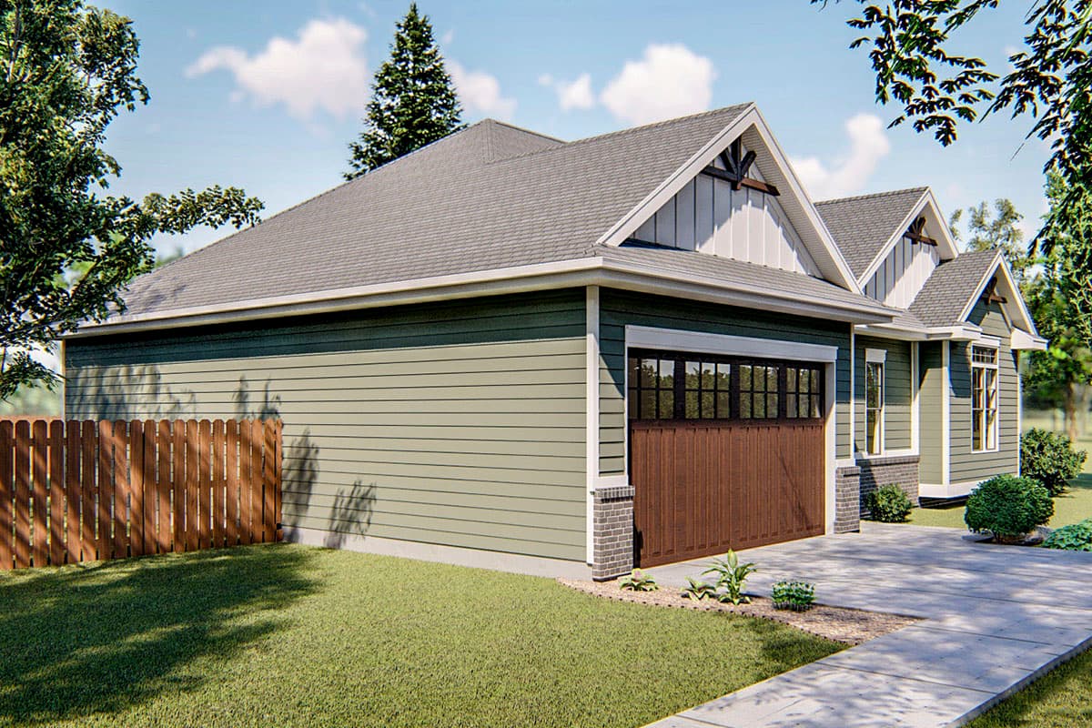 House plan exterior with gabled roof, board and batten trim, and multi-pane garage door.