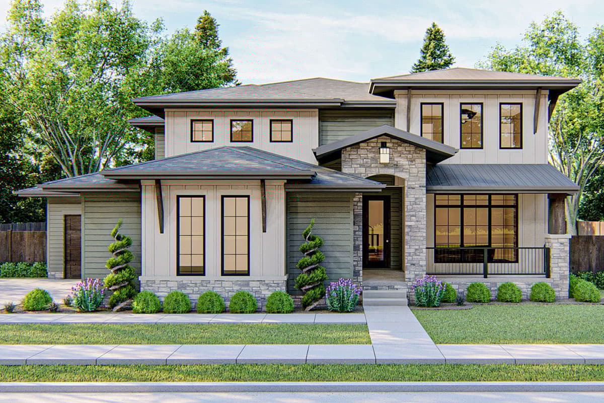 Modern house plan exterior with stone accents, multiple gables, large windows, and a covered front porch.
