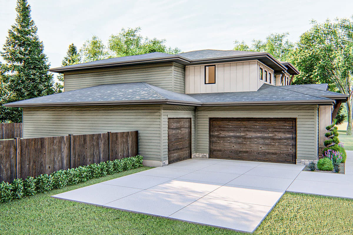 House plan exterior of a two-story modern home with a side-facing three-car garage and horizontal siding.