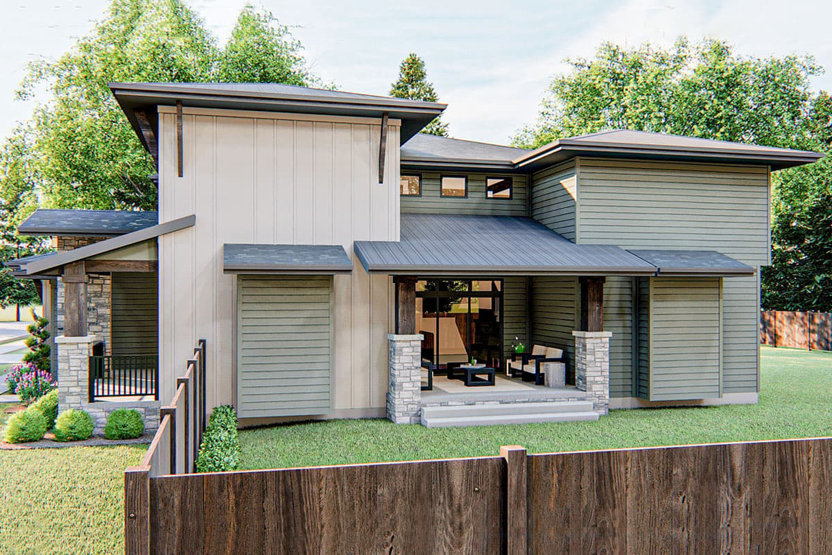 Modern house plan exterior with hip and shed rooflines, stacked stone accents, a covered porch, and horizontal siding.