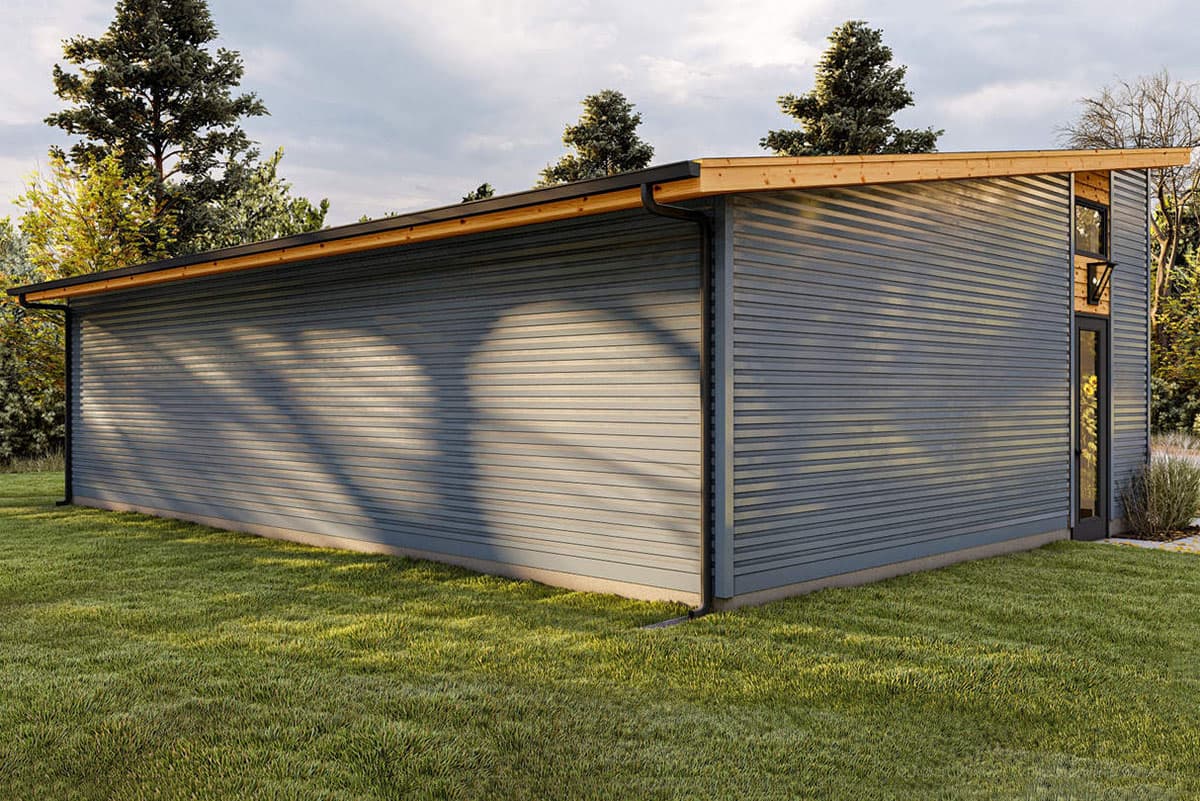 Modern house plan exterior with horizontal gray siding, a single-story structure, and a sloped roof.