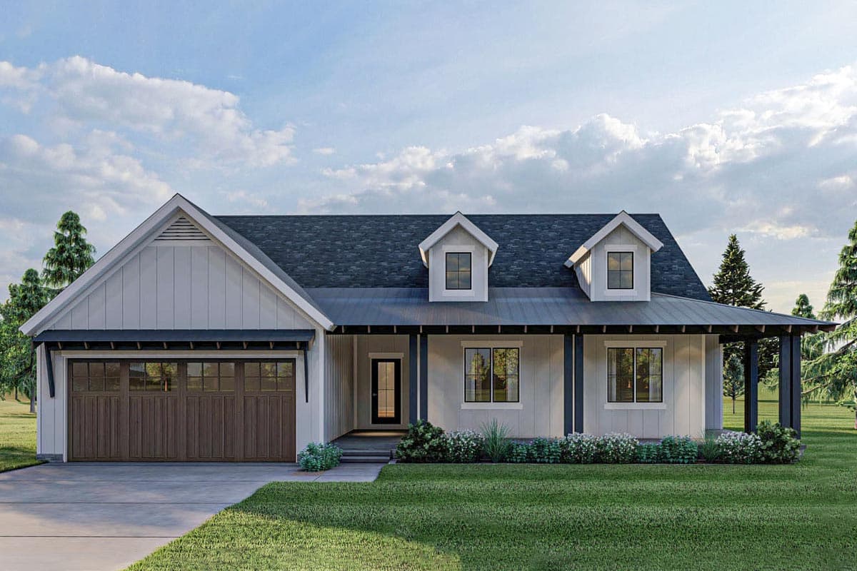 House plan exterior featuring a Modern Farmhouse style with a single story, a covered porch, two dormers, and a detached garage.