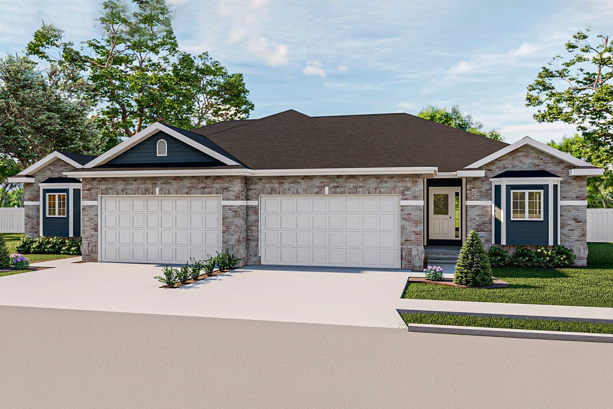 House plan exterior: Ranch style with two double garages, stone and dark blue siding, and gabled dormers.