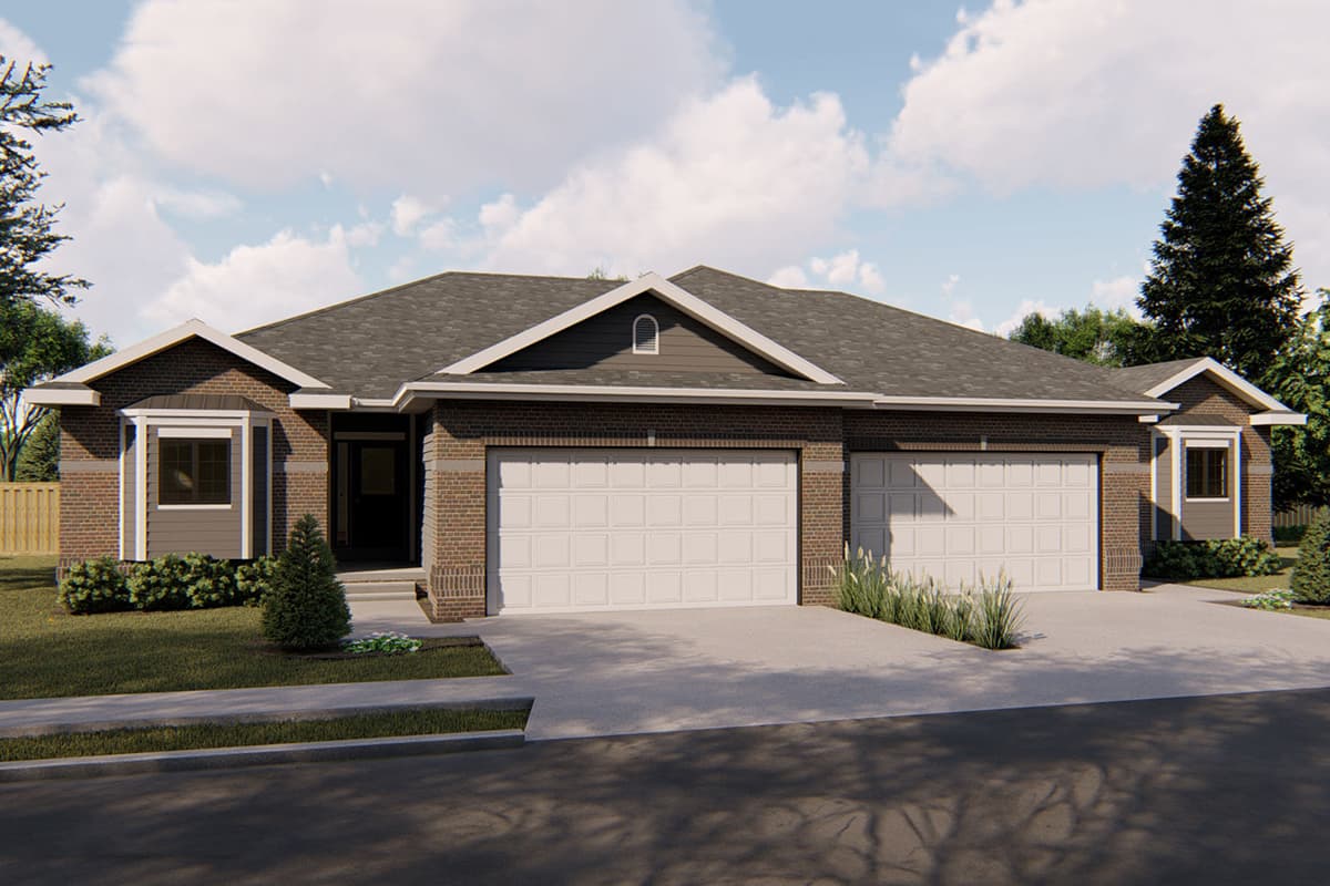 House plan exterior of a one-story Modern Farmhouse with a 3-car garage, brick accents, and a prominent gable with a dormer.