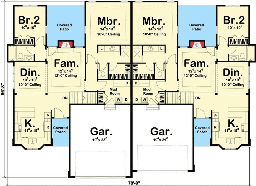 Plan 62638DJ: Duplex House Plan with Simple Roof Line - Floor Plan - Main Level