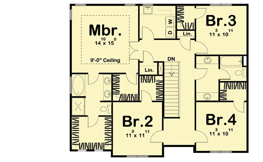 Plan 62639DJ: 4 Bed House Plan with Offset Garage - Floor Plan - 2nd Floor - Northwest, Prairie