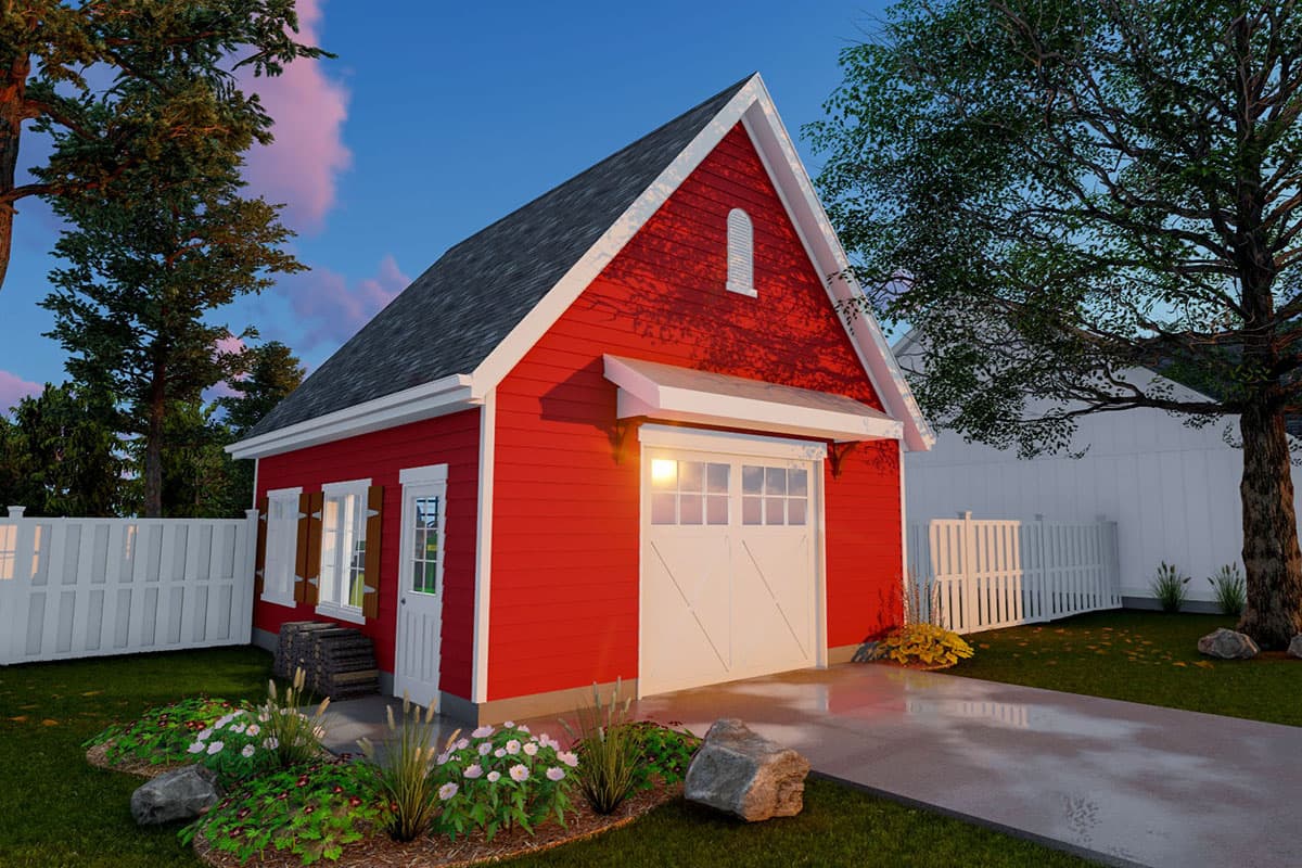 Red two-story house plan exterior with gable roof, white trim, arched gable vent, garage door, and dormers.