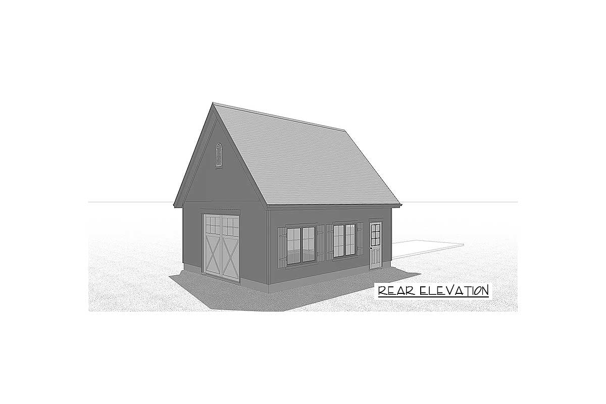 Rear elevation house plan showing a gable roof, garage door, windows with shutters, and a side door.