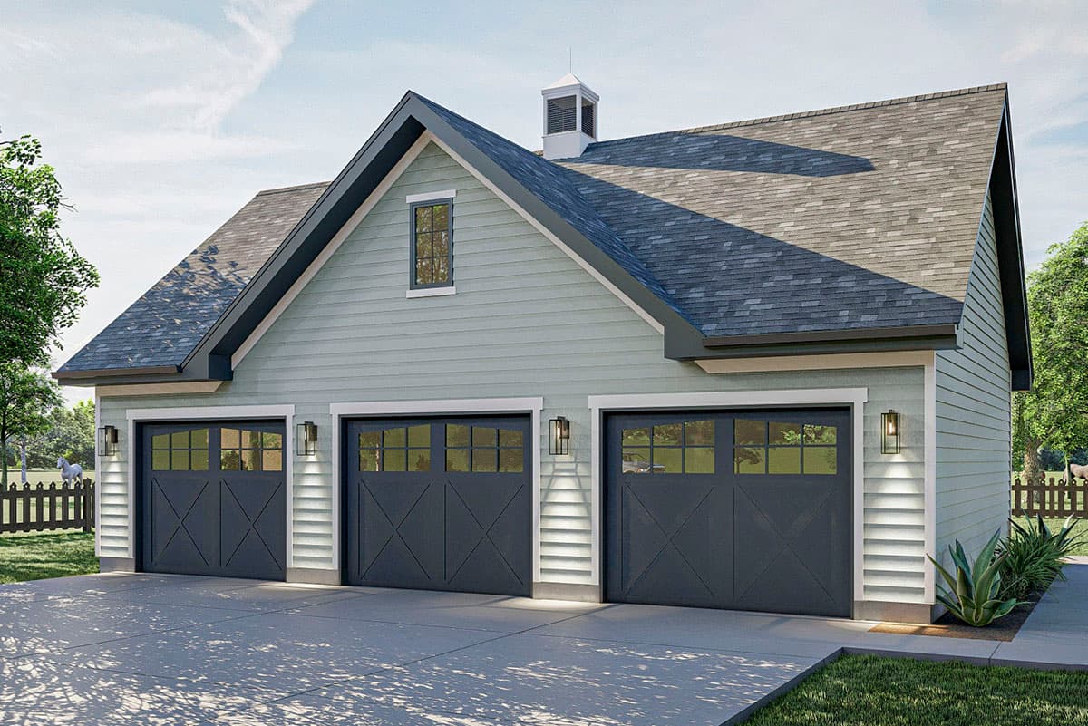 House plan exterior of a three-car garage with gray doors, light green siding, a gable roof, and a cupola.