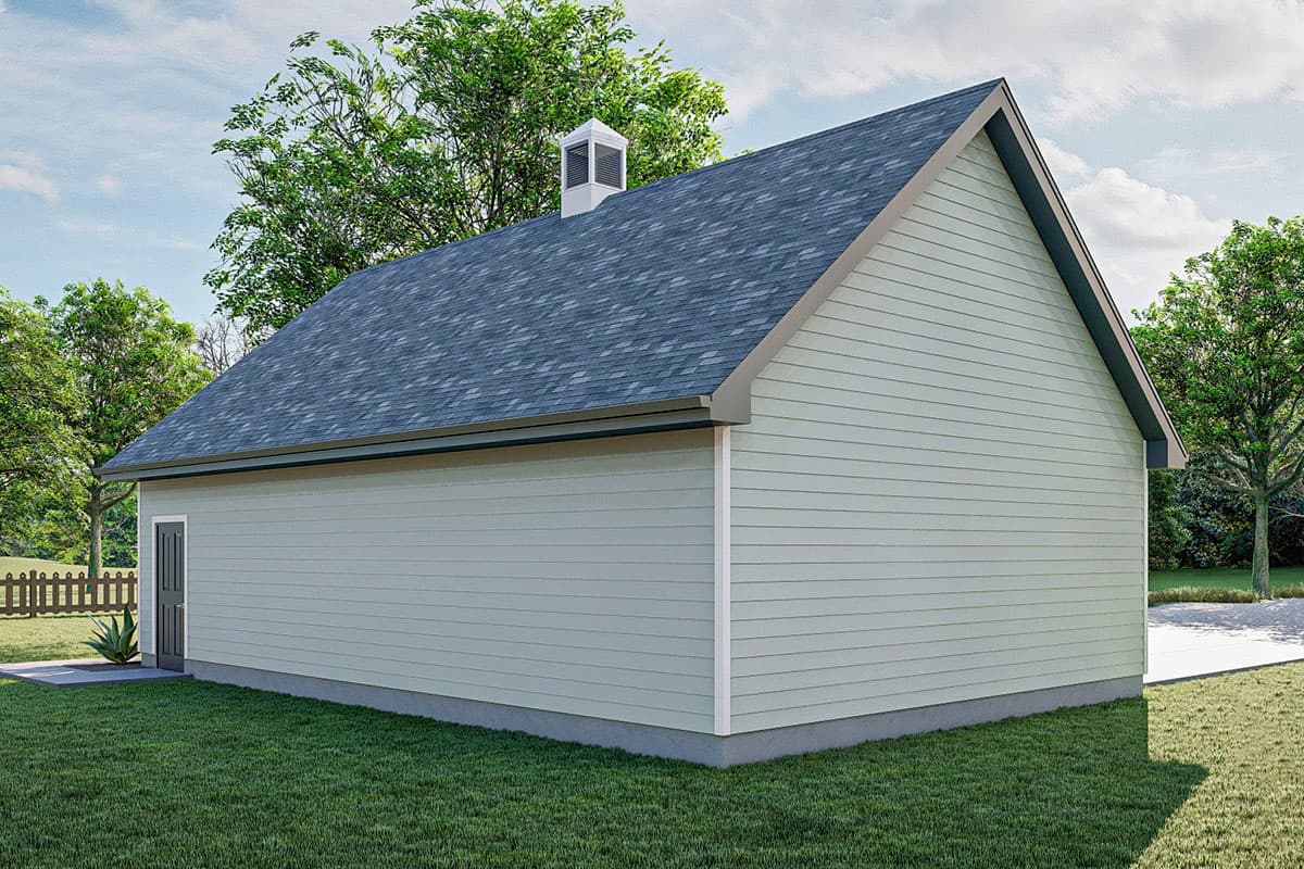 House plan exterior view of a one-story building with horizontal siding, gable roof, and a louvered cupola.