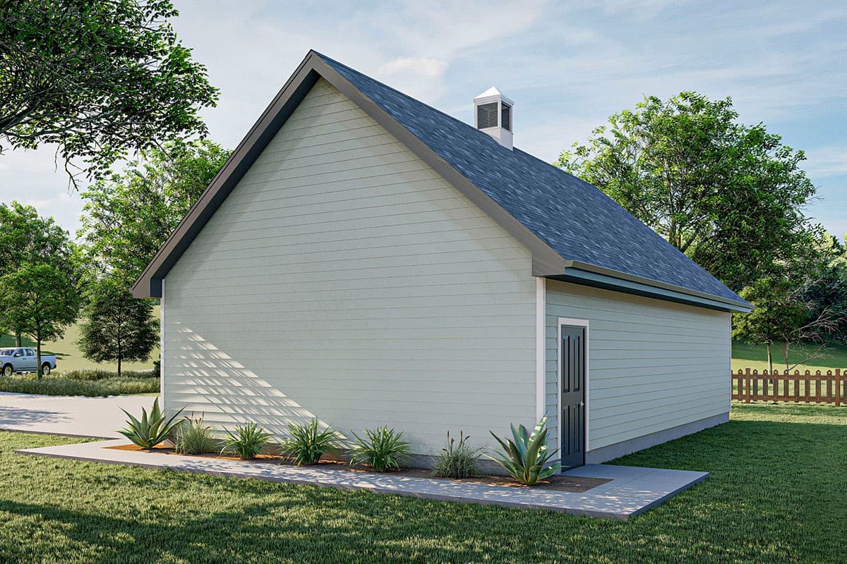 House plan exterior with light green horizontal siding, gabled roof, and one side door.