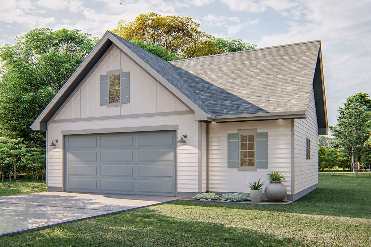 House plan exterior: Modern Farmhouse style, single-story garage with gable, paneled door, and decorative shutters.