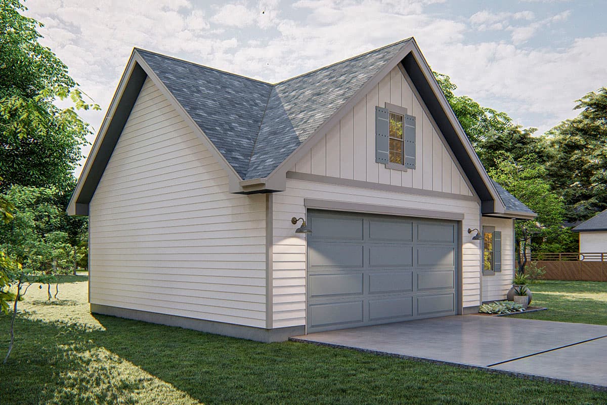 House plan exterior: Modern Farmhouse style, two-car garage, white horizontal siding, gabled roof, dormer with decorative shutters.