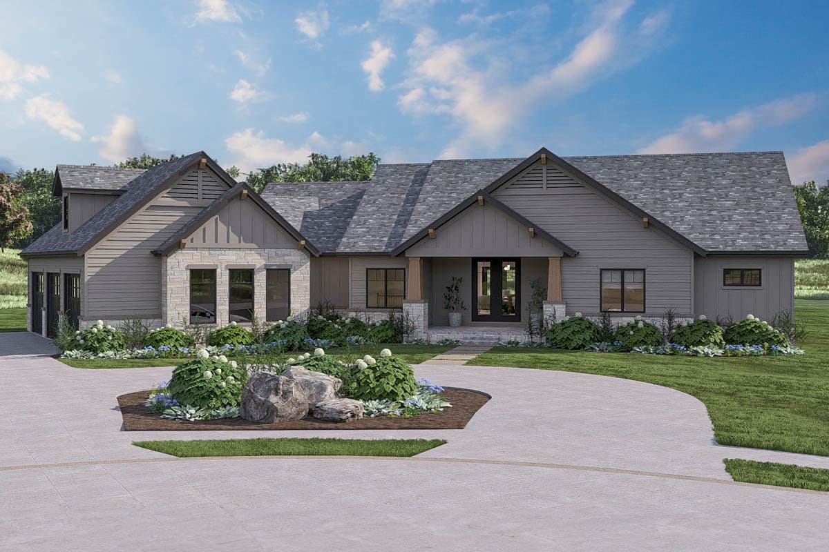 House plan exterior. Modern Farmhouse style with a single story, gabled roof, stone accents, and a covered porch with a beam supported roof.