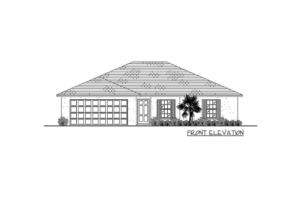 Front elevation of a single-story house plan with a large garage, central entry, and multiple windows.