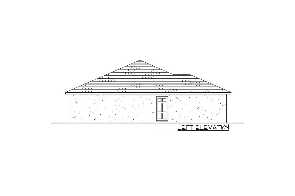 Left elevation drawing of a house plan, showing a single-story structure with a hip roof and a central door.